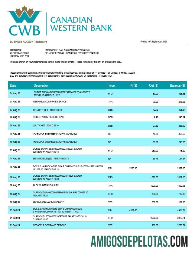 Em branco Extrato de conta da empresa do Canadian Western Bank modelo Word e PDF